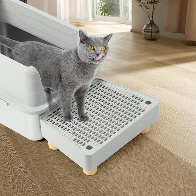 Extra Large Cat Litter Box Step Ramp, Cat's Litter Catcher Mat with Wooden Feet, Filter Function, Pedal Stool for Self-Cleaning Cat Litter Box, Ideal for Kitten & Elderly Cats (Light Grey) - Image 7