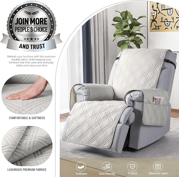 TAOCOCO 100% Waterproof Recliner Chair Covers, Non Slip Recliner Covers for Recliner Chair with Pocket, Washable Reclining Chair Cover Furniture Protector for Kids,Dogs(22'', Off White) - Image 4