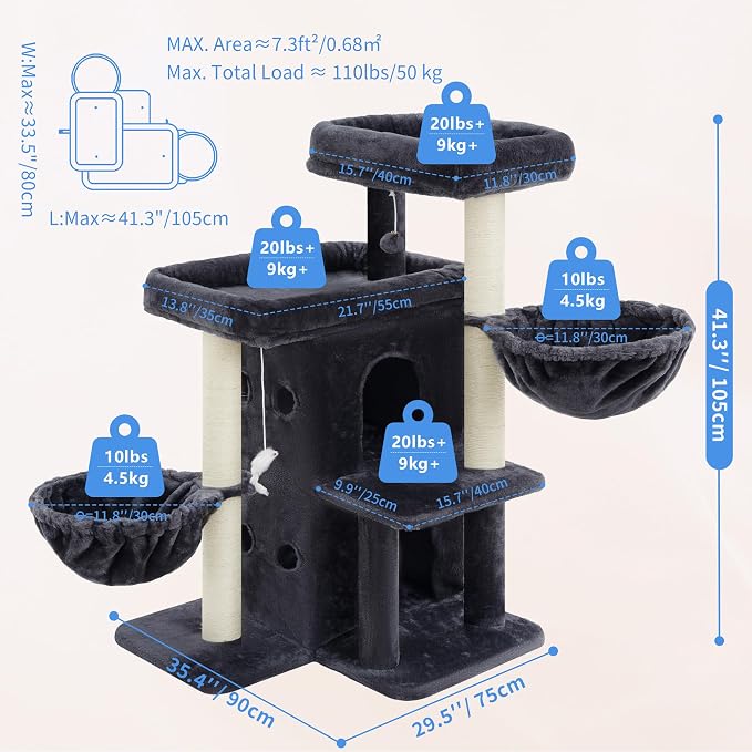Heybly Cat Tree with Reinforced Big Base, 41.3 in Sturdy Cat Tower HCT075G | Indoor Cat Furniture Featuring 2 Roomy Platforms, Double Condos, 2 Cozy Baskets, Full Sisal Scratching Posts, Smoky Gray - Image 6