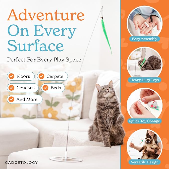 Interactive Cat Toys for Indoor Cats, Cat Toy Wand, 18 Feather Attachments | Explore four unique ways to play, Attach dual suction cups to windows, Keep your indoor cat busy for hours, - Image 6