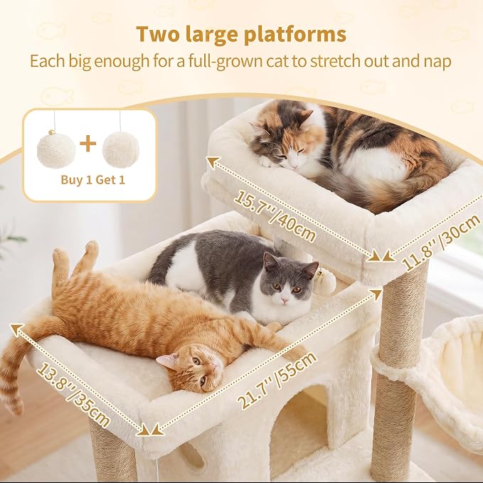 Heybly Cat Tree with Reinforced Big Base, 41.3 in Sturdy Cat Tower HCT075MJ | Indoor Cat Furniture Featuring 2 Roomy Platforms, Double Condos, 2 Cozy Baskets, Full Sisal Scratching Posts, Beige - Image 2