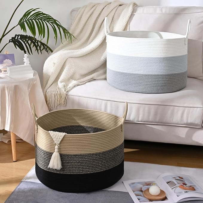 67L Large Woven Blanket Basket, Cotton Rope Baby Laundry Hamper with Handles, Kids Toy Basket for Classroom & Nursery, Soft Round Stuffed Animal Storage, Dog Toy Bin - 20"x13", Gray - Image 8
