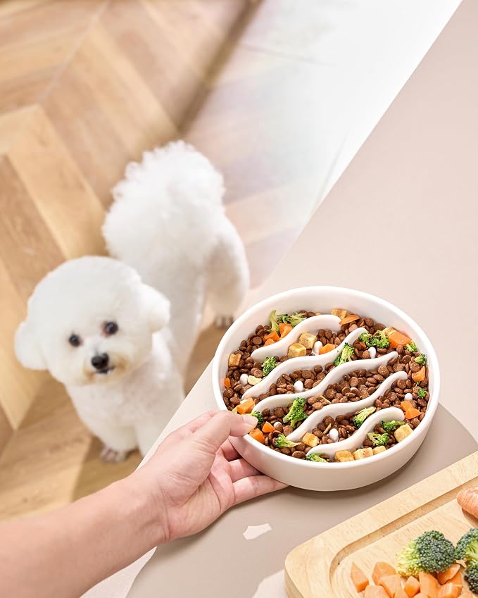 Ceramic Slow Feeder Dog Bowls for Medium and Large Dogs, 2.0 Cups Dog Slow Feeder for Fast Eater, 30oz, 8in, White - Image 2