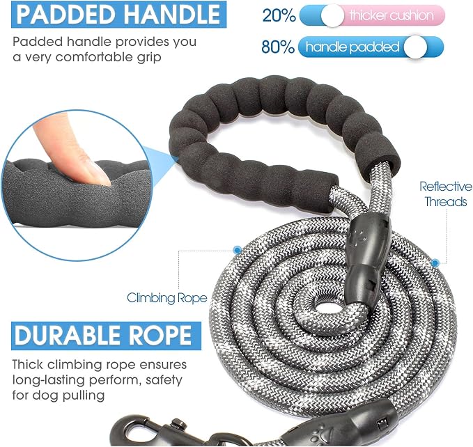 2/4/5/6 FT Dog Leash with Comfortable Padded Handle and Highly Reflective Threads for Small Medium and Large Dogs (5FT-1/2'', Grey) - Image 2