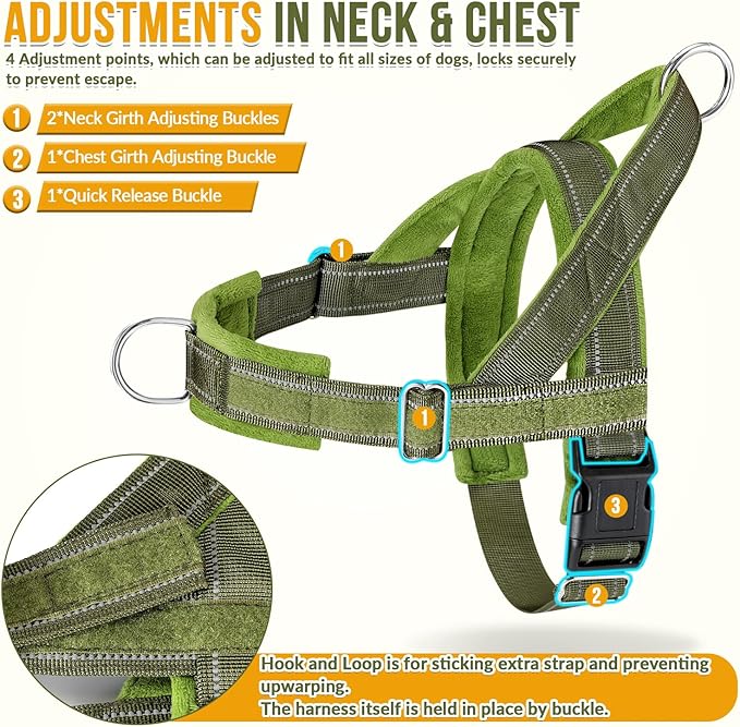 SlowTon No Pull Dog Harness with Front Clip - Heavy Duty, Soft Padded | Neck & Chest Adjustable, Tactical Pet Vest and Leash Set for Large Medium Sized Dogs, for Easy Walk & Training, Green M - Image 5