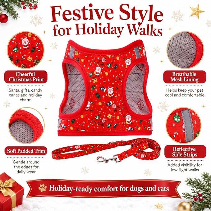 Step in Christmas Xmas Day Dog Harness Leash Set- All Weather Reflective No-Pull Floral Pattern Padded Mesh Vest Harness for Cats Puppy Extra-Small Small Medium Large Dogs - XS - Image 2