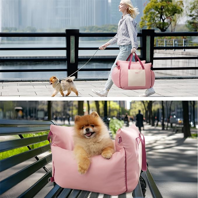 Lesure Dog Car Seat for Small Dogs,Booster Car Bed for Puppy Under 25lbs | Soft Pet Carseat with Clip-On Safety Leash and Thickened Memory Foam Filling,Dog Travel Carrier Bed with Storage Pocket,Pink - Image 6