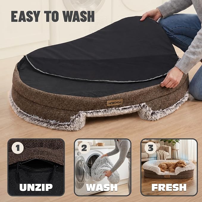 Miorun Fluffy Orthopedic Dog Beds Large Sized Dog, 43" Bolster Sofa Bed | Soft plush faux fur,lowered entry,washable cover,waterproof liner,claming dog couch for x-large dogs,supportive bolster - Image 8