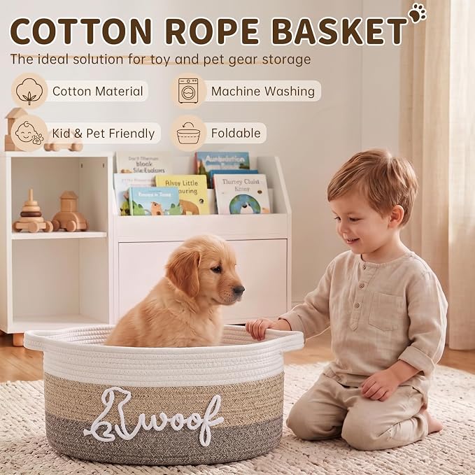 OIAHOMY 14L Large Dog Toy Basket, 16.1"x9.5"x7" Cotton Rope Basket with Cute Woof Embroidery, Soft Woven Pet Toy Box with Handles for Blankets, Leashes & Puppy Accessories, Decorative Organizer Brown - Image 6