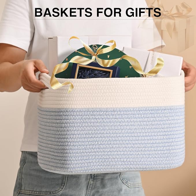 ICERZCZ Woven Cotton Rope Storage Basket for Organizing, Cute Decorative Baskets for Gifts Empty, Organizer Bins for Dog Toy, Baby Laundry, 15“×11”×9.5“, Off White & Blue - Image 3