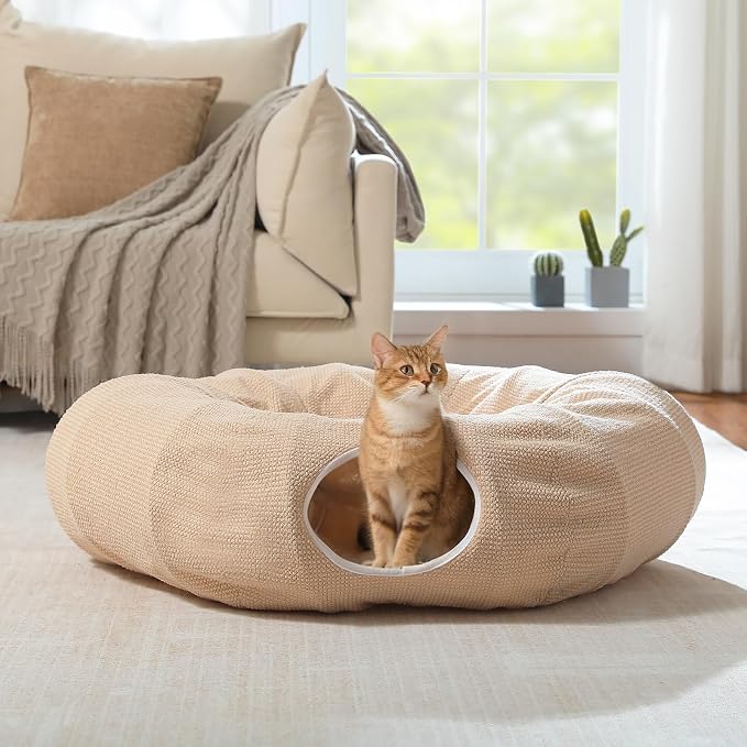PEQULTI Beige Donut Cat Tunnel Bed Washable Plush Mat Multi for Small Pets | Round play tube with soft detachable plush mat, multi-pet toy fit indoor cats, kittens, puppies, rabbits and ferrets - Image 8