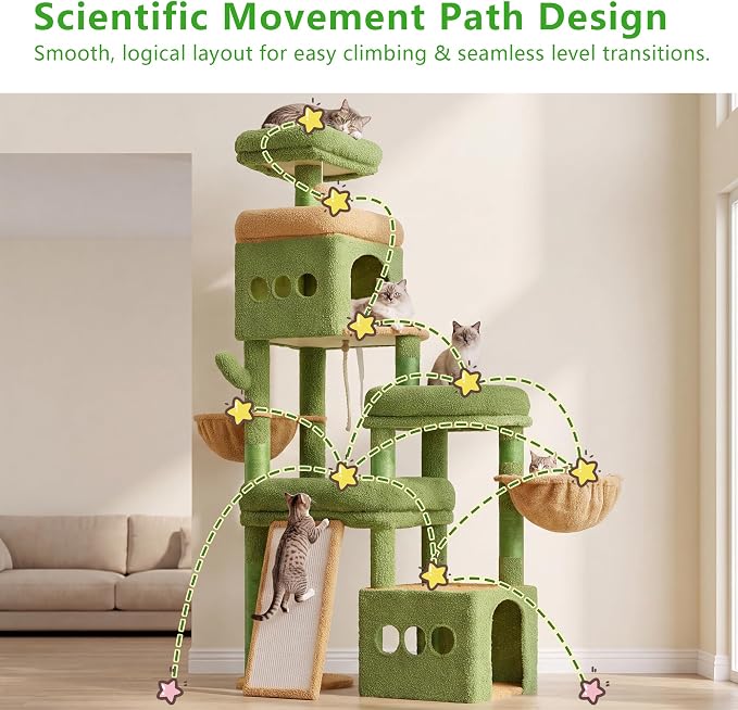 Heybly Cat Tree 72.4-Inch Anti-Tip Cat Tower with Spacious Perches HCT060GY | All-in-One Cat Furniture for Large Cats, Multiple Interactive Areas, Extra-Large Sisal Scratching Board, Green and Yellow - Image 8