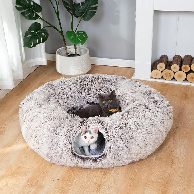 Warm Fluffy Plush Cat Tunnel Bed Under Christmas Tree Big Tube Playground Toys 3 FT Diameter Longer Crinkle Collapsible 3 Way, for Indoor Cat Kitty Kitten Puppy Rabbit Ferret Brown - Image 8