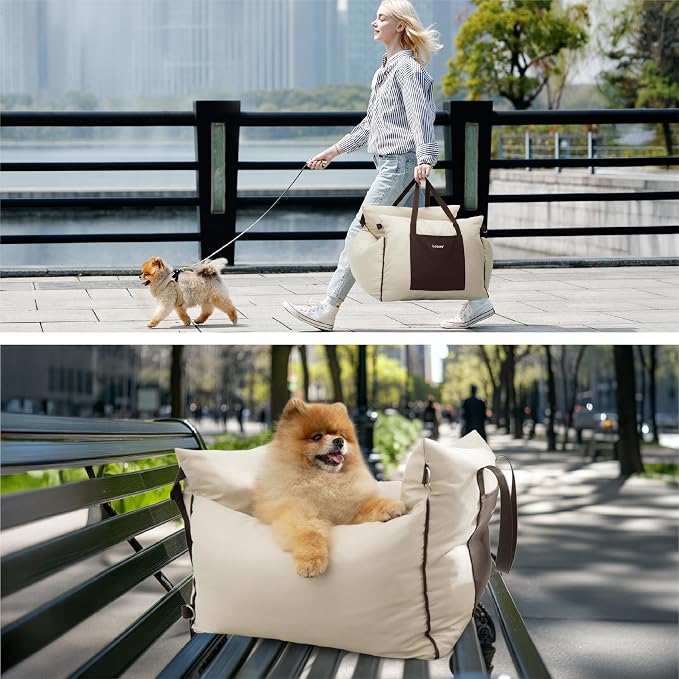 Lesure Dog Car Seat for Small Dogs,Booster Car Bed for Puppy Under 25lbs | Soft Pet Carseat with Clip-On Safety Leash and Thickened Memory Foam Filling,Dog Travel Carrier Bed with Storage Pocket,Beige - Image 7