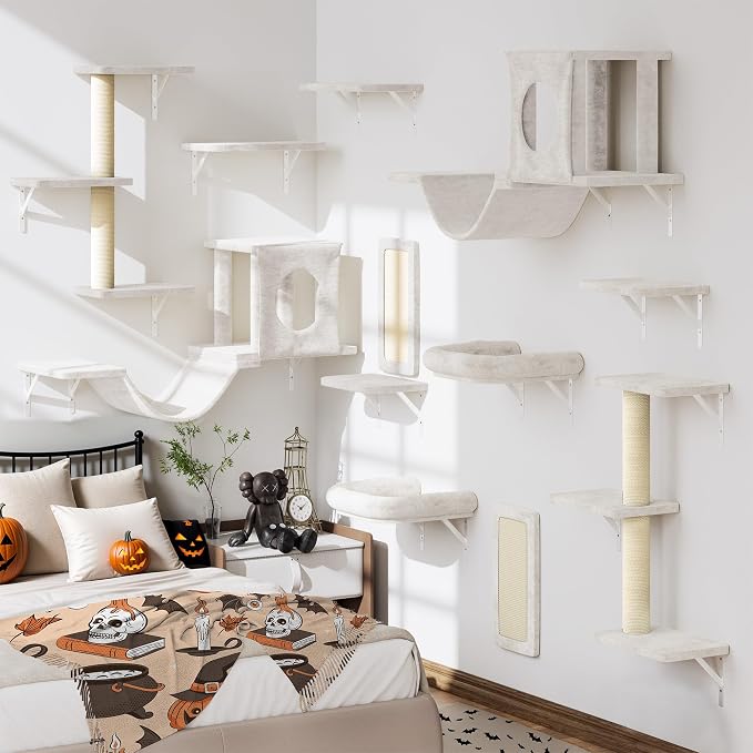 12-in-1 Cat Wall Shelves, Luxury Wall-Mounted Cat Climber Set | with Condos House, Scratching Post, Bridge Ladder, Indoor Space-Saving Furniture for Kittens, Beige by NUNULAB
