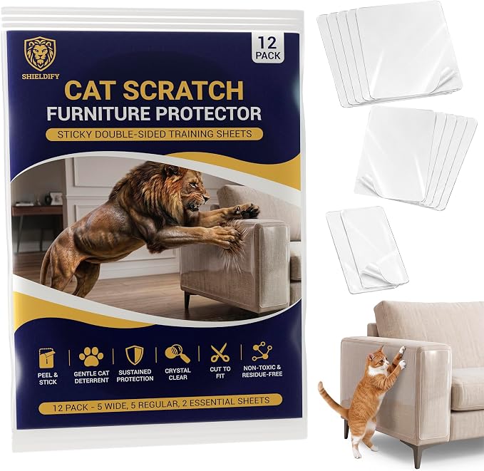 Cat Scratch Furniture Protector Sheets – Sticky Double-Sided Clear Training Tape & Cover, Anti-Scratch Sofa, Couch, Chair & Corner Guard – Cotton, Linen & Polyester Upholstery (12-Pack) by Unknown
