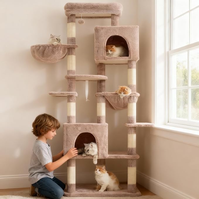 Heybly Cat Tree, 76-Inch Tall Heavy Duty Cat Tower for Big Cats HCT039MU | Multi-Level Large Cat Furniture with Extra Wide Baseboard, 2 Condos & 2 Hammocks, 10 Scratching Posts, Rosy Brown - Image 9
