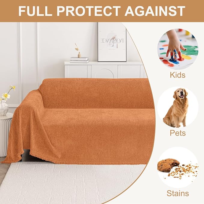 Smiry Couch Cover for Dogs, Chenille Sofa Covers for 3 Cushion Couch | Washable Soft Sofa Slipcover for Pets, Thick Sectional Furniture Protector with Tassels (Orange, 71x150 Inch) - Image 3