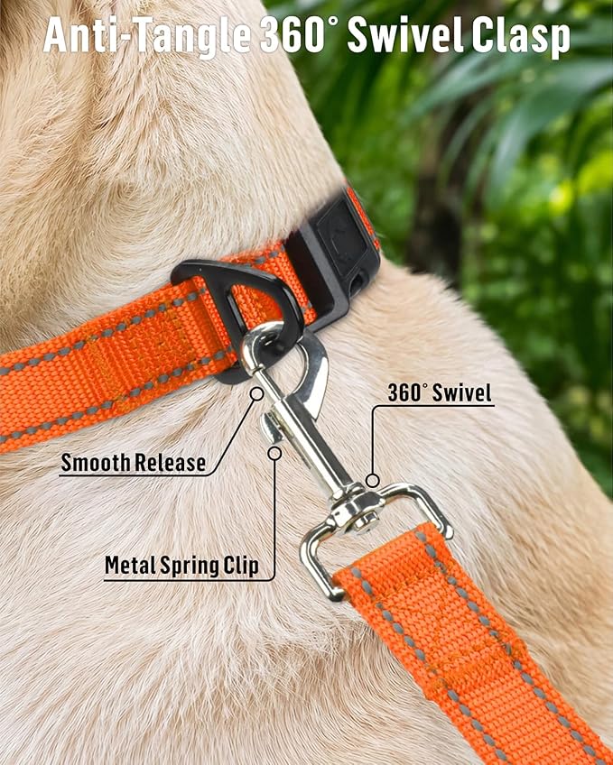 FunTags Reflective Nylon Dog Leash for Medium & Large Dogs, 4FT Training | Comfortable Padded Grip, Stay Safe at Night, 360° Anti-Tangle Swivel, for Dog Parks & Trails, Orange - Image 4