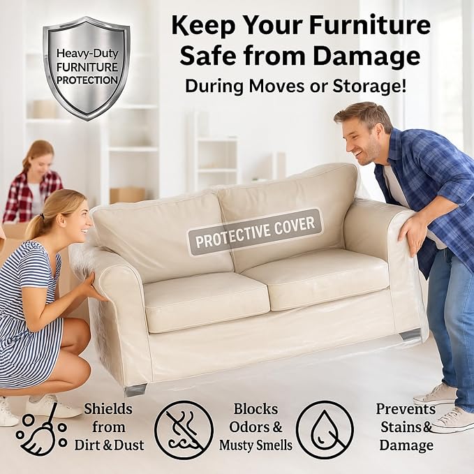 Evelots Clear Vinyl Loveseat Cover, Spill-Resistant 2-Seat Sofa Protector | Heavy-duty vinyl helps protect loveseats from pet claws, stains, dust and spills; ideal for everyday use, moving and storage. - Image 7