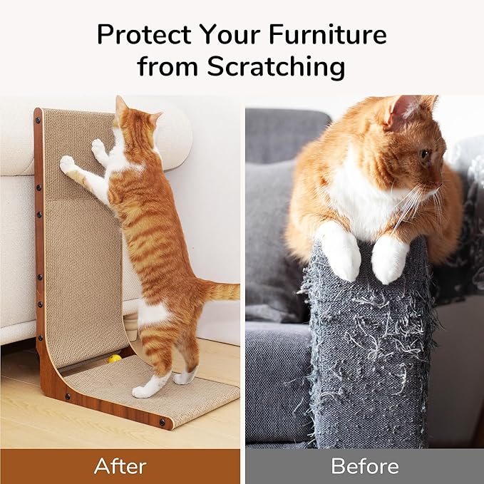 FUKUMARU Cat Scratcher for Indoor Cats, 26.8 Inch Cat Scratch Pad L Shaped | Cardboard Cat Scratcher, Vertical Cat Scratching Board with Ball Toy, Walnut Color, 1 Pack - Image 7