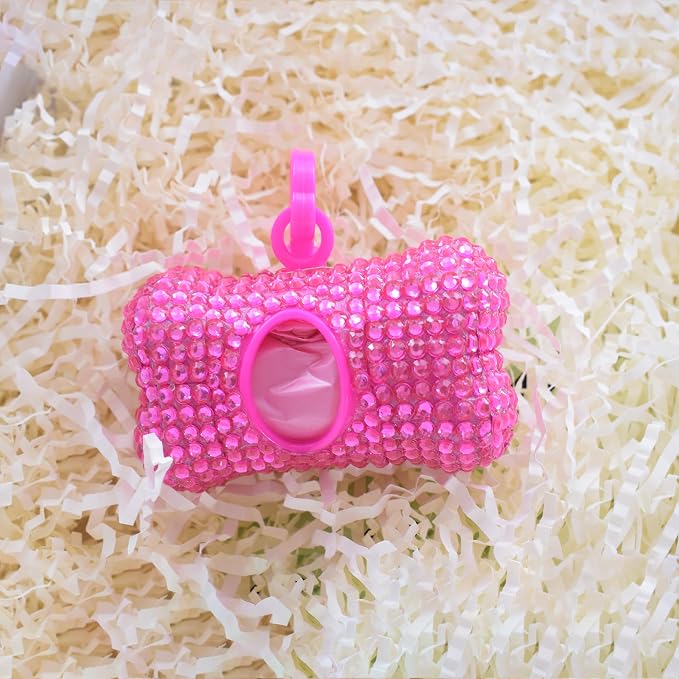 Bling Dog Poop Pickup Bag Dispenser Holder Pet Waste Disposal Bag Pet Trash Bags Holder Bone Shaped Hot Pink with small garbage bags - Image 8