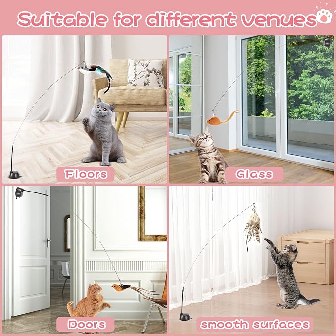 Interactive Bird Simulation Cat Toy Set | Cat Wand Toys,Includes 2 Self-Holding Suction Cup Bases and 6 Detachable Replacement Feather Toys - Image 3