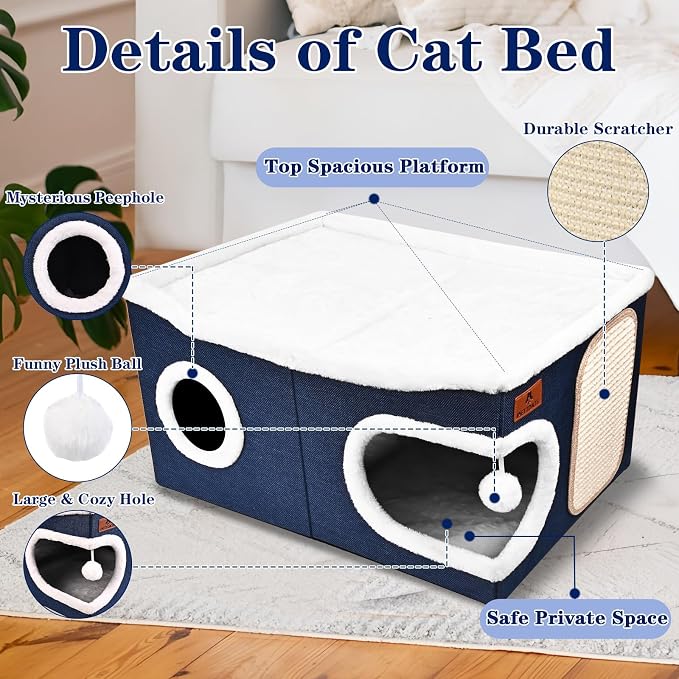 Extra Large Cat Beds for Indoor Cats, Covered Cat Cave Beds & Furniture with Scratch Pad and Fluffy Ball, Foldable Cat Condo Hideaway with Reversible Cushion for Multi Small Pet Large Kittens, Blue - Image 7