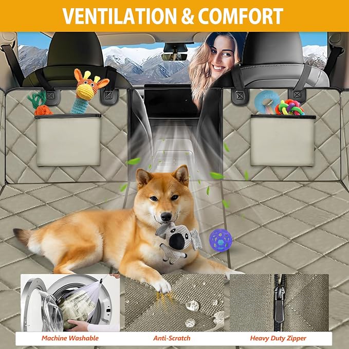 Hard Bottom Dog Car Seat Cover for Back Seat, Backseat Extender | Dog Hammock for for Cars, SUVs, Sedan, Holds 420lbs, Large Space, Sturdy Oxford, Pet Car Bed, Waterproof, Mesh Window, Khaki - Image 6