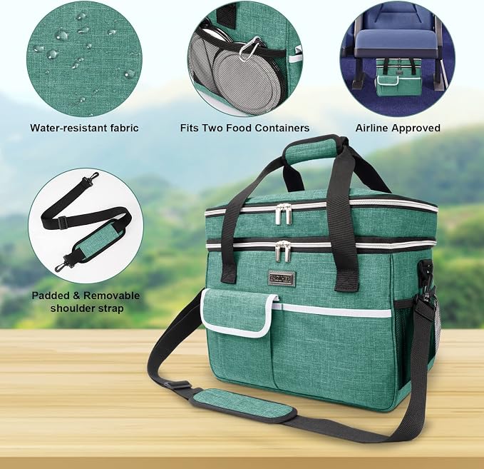 BAGLHER Dog Travel Bag for Supplies - Double-Layer Airline Approved Weekend Pet Travel Organizer Set for Dog and Cat Tote with 2 Pet Food Containers and 2 Collapsible Silicone Bowls Green - Image 4