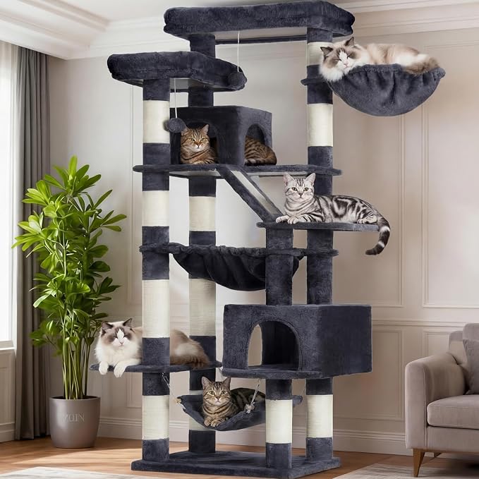 Heybly Cat Tree, 71-Inch-Tall Tower for Indoor Cats with 2 Perches HCT034G | Large Cat Furniture with 2 Big Condos, 2 Hammocks, Basket, Scratching Pad, Multi-Level Cat Condo, Smoky Gray - Image 4