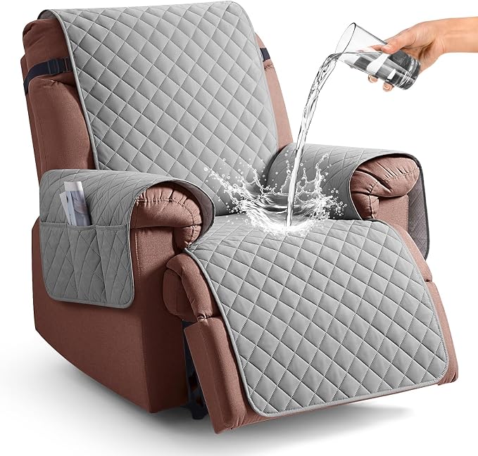 KinCam 100% Waterproof Recliner Chair Covers Washable, 23.6", Light Gray | Anti Slip Reclining Couch Covers for Pets Dog, Recliner Sofa Slipcover Storage Pocket, Furniture Protector with Elastic Strap by KinCam