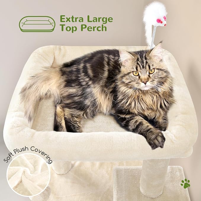 Globlazer Cat Tree Tower for Indoor Cats, 50-inch Adult Cat Tree House for Large Adult Cats with Steps, Scratching Post, 2 Cat Caves, Dangling Toys, FC50, Beige - Image 3