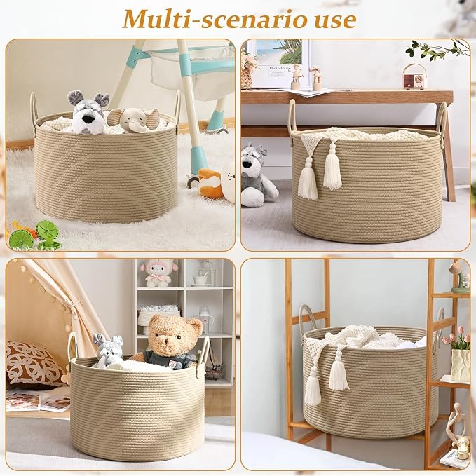 67L Large Woven Blanket Basket, Cotton Rope Baby Laundry Hamper with Handles, Kids Toy Basket for Classroom & Nursery, Soft Round Stuffed Animal Storage, Dog Toy Bin - 20"x13", Brown - Image 8
