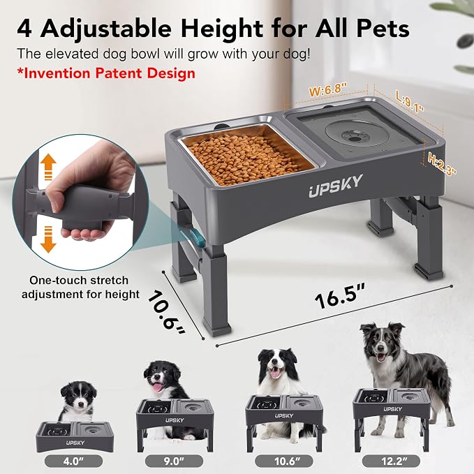 UPSKY 3-in-1 Elevated Dog Bowls Set with 4 Height Adjustable Stand, Gray | 304 Stainless Steel Bowl, No Spill Water Bowl, Slow Food Bowl, Anti-Slip, Dishwasher Safe, Suitable for Small Medium Dogs - Image 2