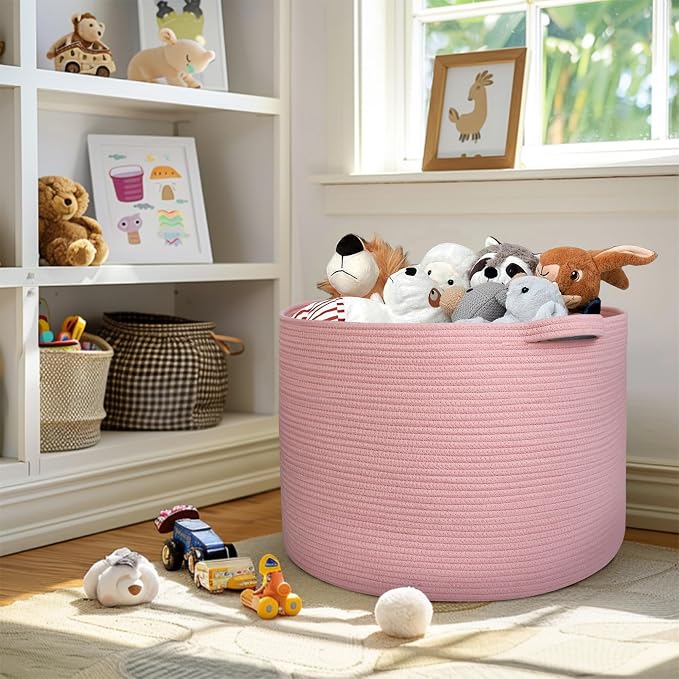 MEGASKET 115L Oversized Pink Basket, 23.6"x15.7" Woven Cotton Rope Bin with Handles, XXXL Blanket Storage for Living Room, Kids Toy Storage Bin Box, Baby Laundry Basket for Organizing, Pink Room Decor - Image 6