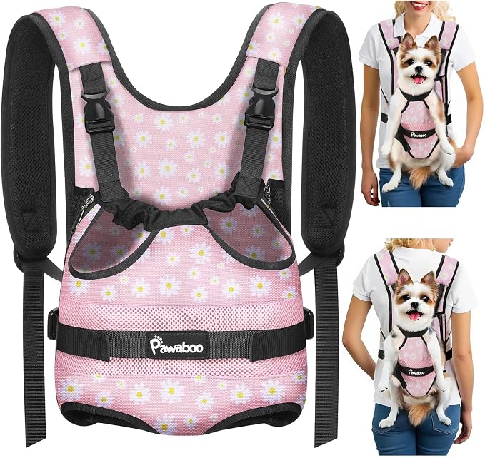 Pawaboo Pet Front Carrier Backpacks for Small Medium Dogs | Legs Out Easy-fit,Adjustable Straps,Hands-free,for Travel Hiking Cycling Camping Pink Daisy M by Pawaboo