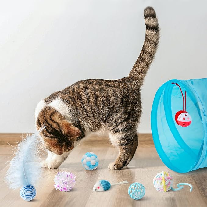 MALLMALL6 Cat Toy Set Interactive Cat Toys 11Pcs Pack with Foldable Tunnel, Feather Teaser Wand, Springs, Mice, Crinkle Balls & Pet Bell Balls - Puzzle Toys for Indoor Cats - Gift (Blue) - Image 6