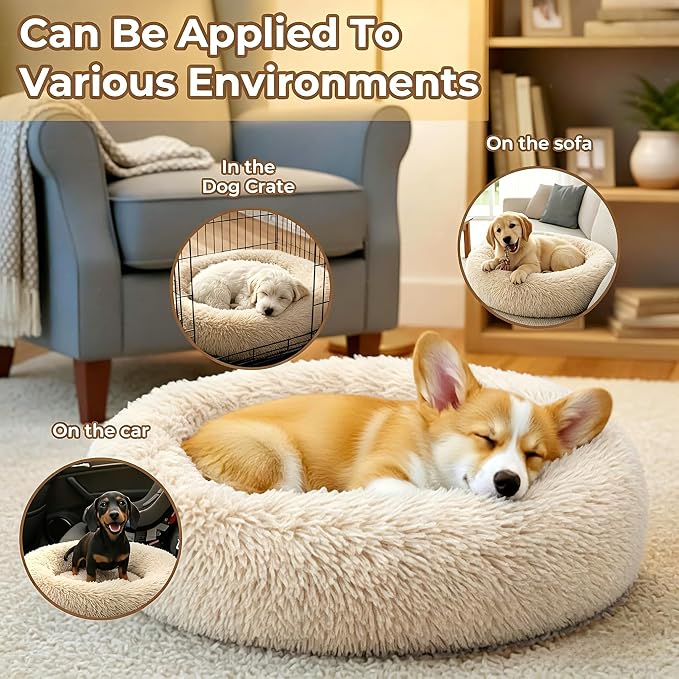 Calming Donut Dog and Cat Bed for Indoor Cats, Anti-Anxiety Round Fluffy Soft Washable Small Pet Bed for Puppy and Kitten, Warming Comfortable Luxury Anti-Slip Waterproof Mute Base 20in Light Brown - Image 5