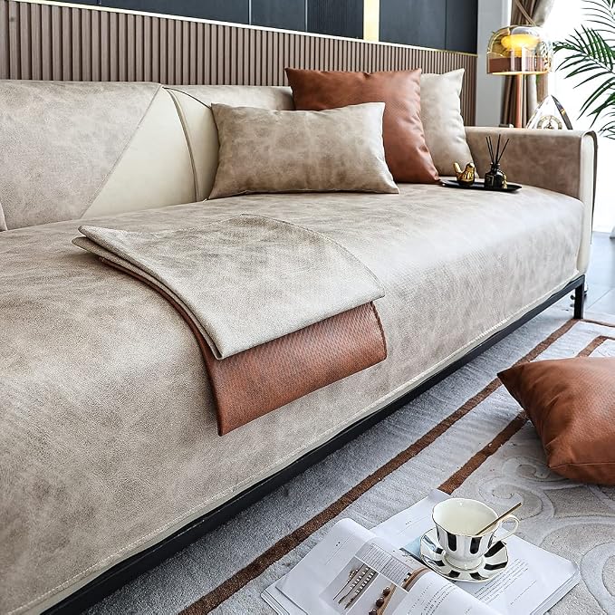 vctops Vintage Leather Look Sofa Cover Water Resistant Non-Slip Sectional Couch Cover Sofa Slipcover for Dogs, Children, Pets Furniture Protector (Beige,43"x43") by vctops