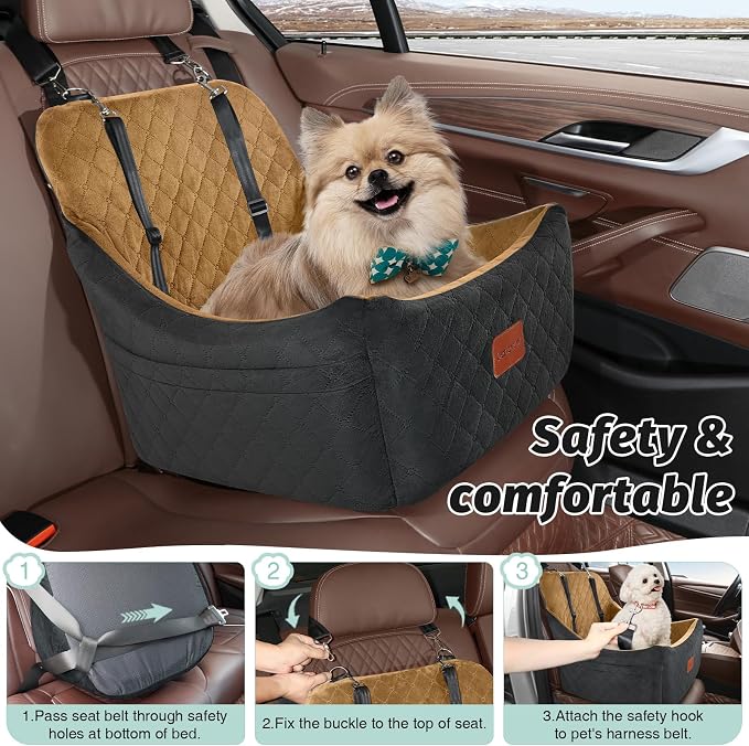 Lealchum Dog car seat for Medium Dogs,Easy to Install with Adjustable Straps,Anti Slip Bottom pet car Bed,Fully Detachable and Washable pet Travel Bed (Black/Coffee, Medium) - Image 7