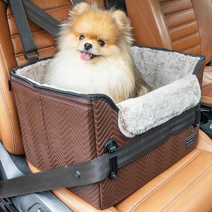 PETSFIT Car Seat for Dogs, Waterproof PU Leather Dog Car Seat for Small Dogs with Patent Safe Buckles, Clip-On Leash, Pet Travel Carrier Bed for Small Pets Up to 25lbs (Brown) by Petsfit