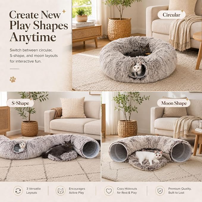 Warm Fluffy Plush Cat Tunnel Bed Under Christmas Tree Big Tube Playground Toys 3 FT Diameter Longer Crinkle Collapsible 3 Way, for Indoor Cat Kitty Kitten Puppy Rabbit Ferret Brown - Image 4