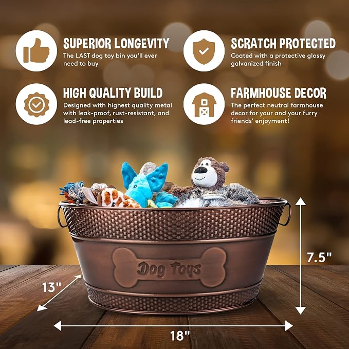 BREKX Copper Metal Pet Storage & Dog Toy Bin w/ Handles, Indestructible | Dog Toy Box • Galvanized Steel • Organizes Toys, Blankets & Leashes • Farmhouse Style - Image 4