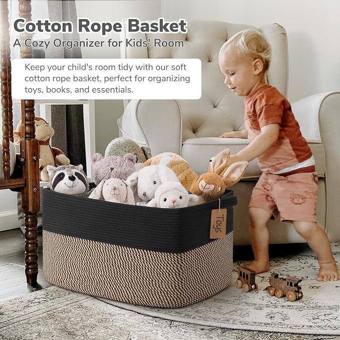 Goodpick 75L Extra Large Woven Blanket Basket, Rectangle, Black & Jute | 22" × 17" × 12" Decorative Wicker Storage Basket for Pillows, Toys & Clothes, Fits Living Room & Nursery Organization - Image 2