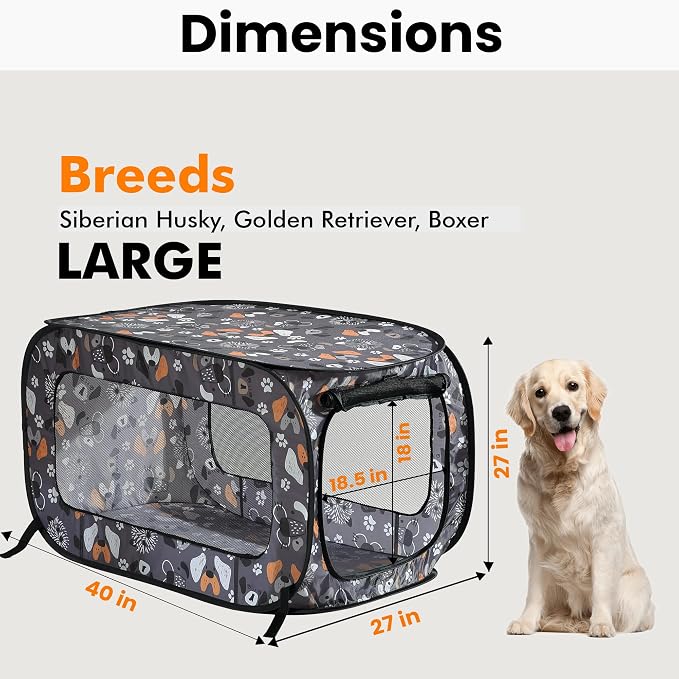 Portable Collapsible Pop Up Kennel, 40" L x 27" W x 27" H, Face of Love | Collapsible indoor/outdoor travel cat and dog crate with mesh screen windows pops up and folds flat for easy storage - Image 2