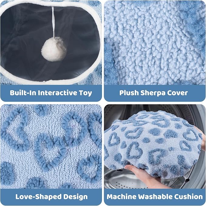 Cat Tunnel Bed, Cute Cat Tunnel Toy with Washable Cushion, Fits Indoor Cats up to 25 lbs, Cute Peekaboo Cave Pet Bed for Kittens, Rabbits, Blue Heart - Image 2