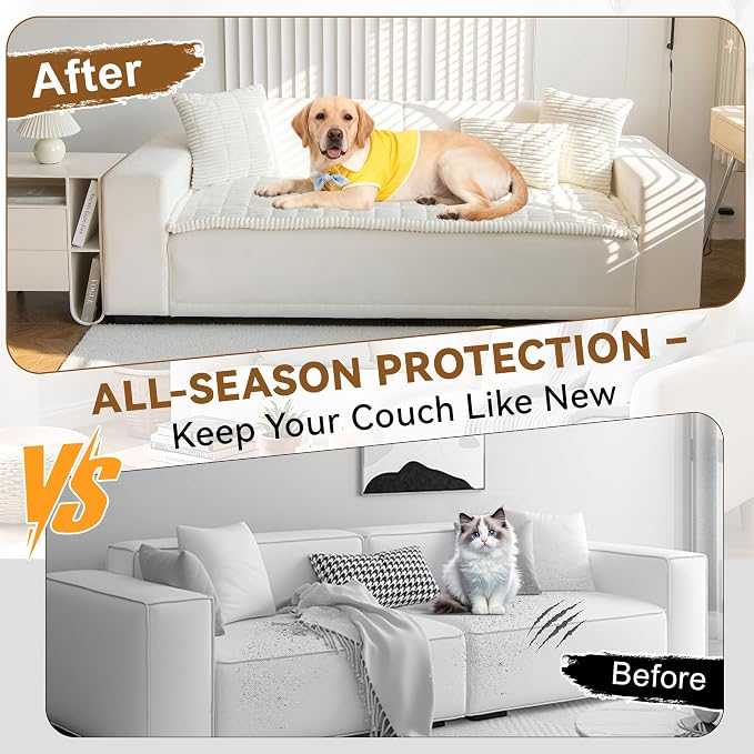 OTOB Washable Couch Covers for 3 Cushion Sofa Non Slip Pet Dog Sofa Cover | Cream, 27.6" x 82.7", All Seasons, Soft Fuzzy Plush, Couch Protector for Dogs, Breathable, Thick Wear-Resistant - Image 3