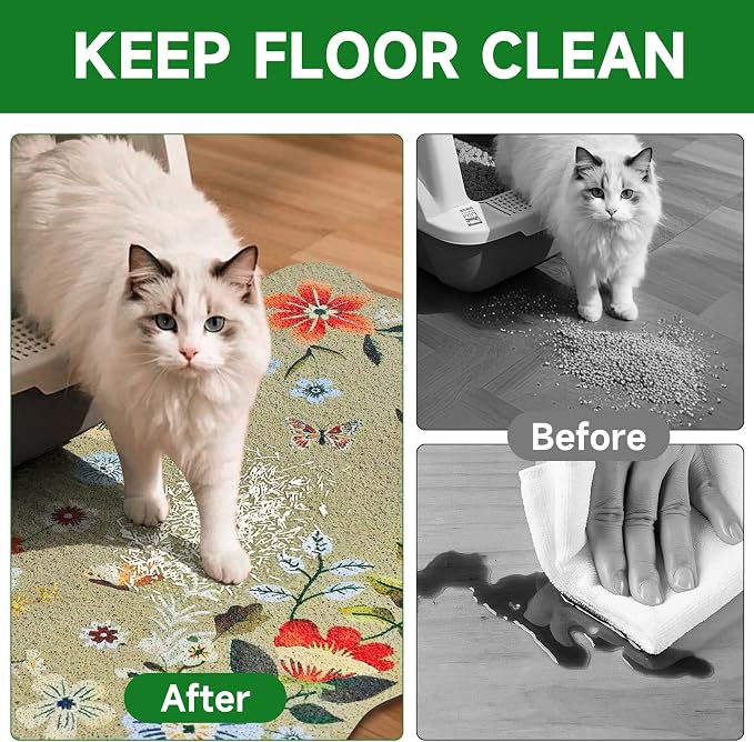 Cat Litter Mat,24"x16" Small Cute Litter Box Mat,Traps 100% Litter | Easy Clean for Scatter Control, Soft on Kitty Paws, Bohe cat food mat,Waterproof Urine Protection, Non-Slip, decor litter mat - Image 3