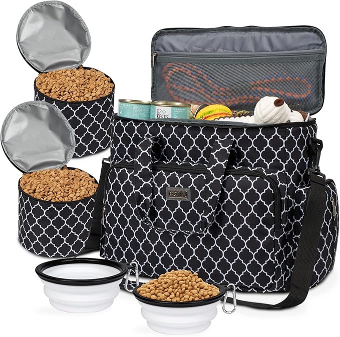 BAGLHER Dog Travel Bag, Pet Travel Bag (ALL Pet Travel Supplies), With 2 Pet Food Containers and 2 Collapsible Silicone Bowls; Essential Kits for Pet Travel DLblack by BAGLHER